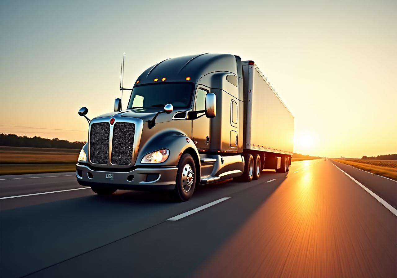 Modern freight truck on highway at dusk
