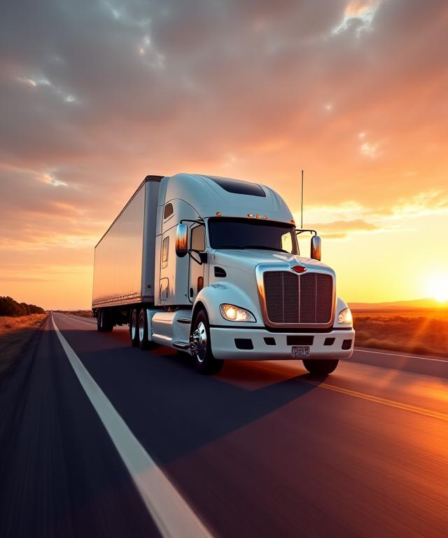 A modern semi-truck on the highway during sunset