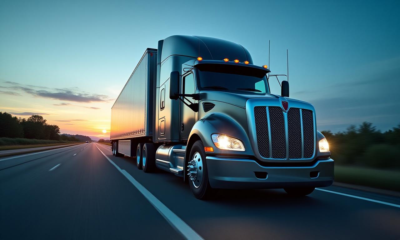 Regional truck hauling freight on a highway at dusk